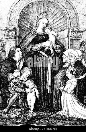 La Madonna di Darmstadt, l'artista Hans Holbein il giovane, Maria con Gesù bambino in braccio, diverse persone, manufatto culturale, illustrazione storica Foto Stock