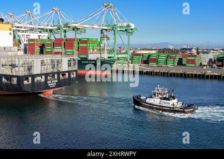 Los Angeles, California, USA - 12 gennaio 2024: Nave container vuota MSC Athos assistita da un rimorchiatore per entrare nel porto di Los Angeles Foto Stock