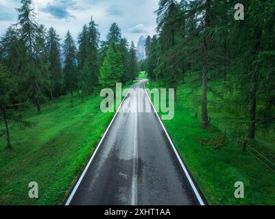 Vista aerea della strada bagnata e della foresta verde in estate. Vista dall'alto Foto Stock