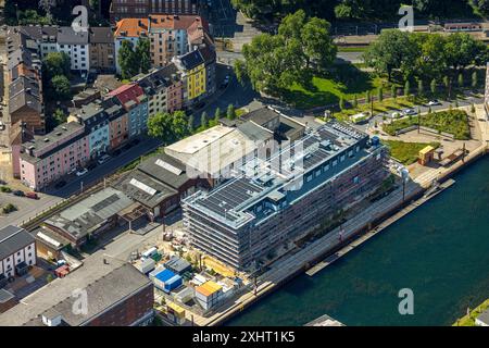 Luftbild, Baustelle mit Neubau an der Speicherstraße Hafenpromenade, Hafenquartier Speicherstraße, Hafen, Dortmund, Ruhrgebiet, Nordrhein-Westfalen, Deutschland ACHTUNGxMINDESTHONORARx60xEURO *** Vista aerea, cantiere con nuovo edificio sul lungomare del porto di Speicherstraße, quartiere del porto di Speicherstraße, porto, Dortmund, zona della Ruhr, Renania settentrionale-Vestfalia, Germania ATTENTIONxMINDESTHONORARx60xEURO Foto Stock