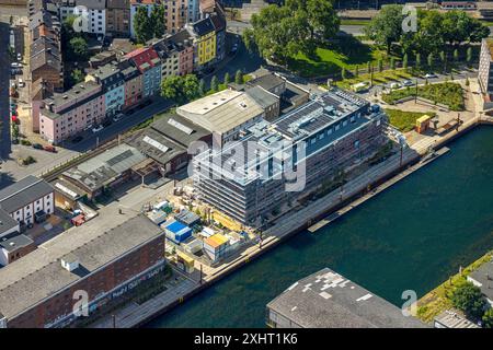 Luftbild, Baustelle mit Neubau an der Speicherstraße Hafenpromenade, Hafenquartier Speicherstraße, Hafen, Dortmund, Ruhrgebiet, Nordrhein-Westfalen, Deutschland ACHTUNGxMINDESTHONORARx60xEURO *** Vista aerea, cantiere con nuovo edificio sul lungomare del porto di Speicherstraße, quartiere del porto di Speicherstraße, porto, Dortmund, zona della Ruhr, Renania settentrionale-Vestfalia, Germania ATTENTIONxMINDESTHONORARx60xEURO Foto Stock