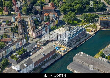 Luftbild, Baustelle mit Neubau an der Speicherstraße Hafenpromenade, Hafenquartier Speicherstraße, Hafen, Dortmund, Ruhrgebiet, Nordrhein-Westfalen, Deutschland ACHTUNGxMINDESTHONORARx60xEURO *** Vista aerea, cantiere con nuovo edificio sul lungomare del porto di Speicherstraße, quartiere del porto di Speicherstraße, porto, Dortmund, zona della Ruhr, Renania settentrionale-Vestfalia, Germania ATTENTIONxMINDESTHONORARx60xEURO Foto Stock