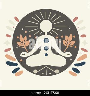 Illustrazione yoga rotonda con piante ed elementi grafici. Concetto di concentrazione, tranquillità e armonia. Icona Yogi in posa di loto. Colorato Illustrazione Vettoriale