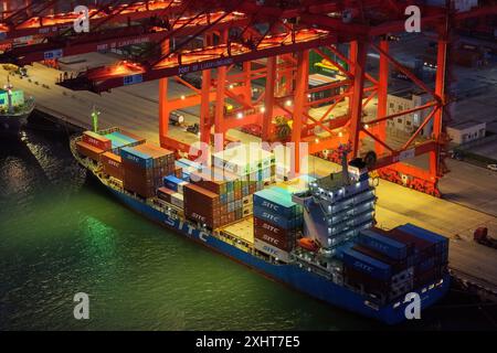 LIANYUNGANG, CINA - 15 LUGLIO 2024 - le navi cargo scaricano i container presso il terminal container del porto di Lianyungang, nella provincia di Jiangsu nella Cina orientale, luglio Foto Stock