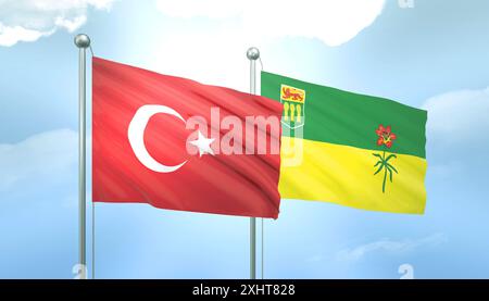 3D Flag of Turkey e Saskatchewan su Blue Sky con Sun Shine Foto Stock