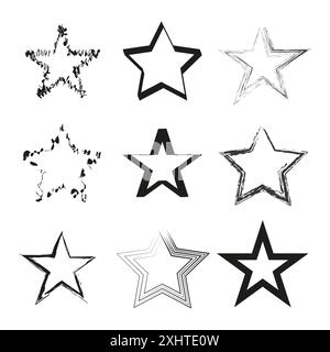 Varie icone a stella. Vettore bianco e nero. Collezione di stili diversi. Design semplici e testurizzati. Illustrazione Vettoriale