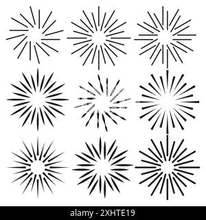 Set di icone Starburst. Motivi radiali neri. Illustrazione vettoriale. Illustrazione Vettoriale