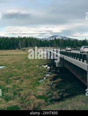 Auto che passano sopra un ponte, attraversano una palude nel Parco Nazionale di Yellowstone, si dirigono verso alberi di pino e montagne innevate. Foto Stock