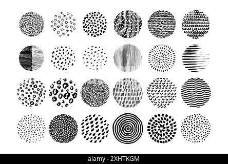 Cerchi disegnati a mano. Sfondi o motivi neri astratti arrotondati. Set di tendenza per schizzi di linea. Forme di doodle disegnate a mano. Tracciatore circolare vettoriale. Punti Illustrazione Vettoriale