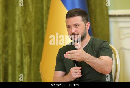 KIEV, UCRAINA - 15 LUGLIO 2024 - il presidente dell'Ucraina Volodymyr Zelenskyy parla durante una conferenza stampa, Kiev, capitale dell'Ucraina Foto Stock