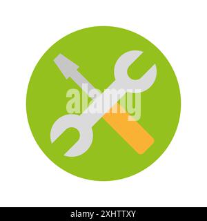 Set di icone strumenti. Chiave e cacciavite. Design piatto vettoriale. Sfondo cerchio verde. Illustrazione Vettoriale