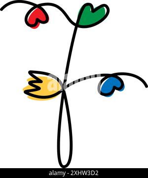 Disegnato a mano numero 7 con fiore e cuori decorativo concetto di design a linea continua. Art. Linea Vettore EPS isolato. Lettere, schede di iscrizione, poster, striscioni, prezzo, etichetta o web, idea promozionale Illustrazione Vettoriale