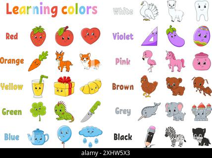 Colori di apprendimento. Flashcard per bambini. Simpatici personaggi cartoni animati. Set di immagini per preschooler. Foglio di lavoro Education. Illustrazione vettoriale. Illustrazione Vettoriale