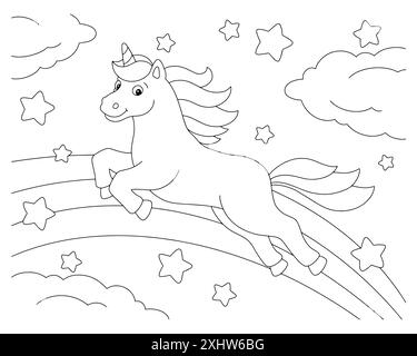 L'unicorno salta lungo l'arcobaleno. Pagina di libri da colorare per bambini. Personaggio in stile cartoni animati. Illustrazione vettoriale isolata su sfondo bianco. Illustrazione Vettoriale