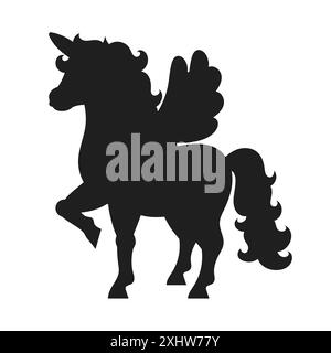 Un simpatico unicorno con le ali. Cavallo magico da favola. Silhouette nera. Elemento di progettazione. Illustrazione vettoriale isolata su sfondo bianco. Modello per libri, st Illustrazione Vettoriale
