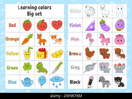 Colori di apprendimento. Flashcard per bambini. Simpatici personaggi cartoni animati. Set di immagini per preschooler. Foglio di lavoro Education. Illustrazione vettoriale. Illustrazione Vettoriale