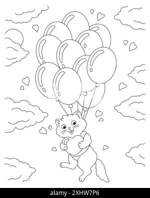 Un gatto carino vola su palloncini e tiene un dono nelle zampe. Pagina di libri da colorare per bambini. San Valentino. Personaggio in stile cartoni animati. Illustrazione vettoriale Illustrazione Vettoriale