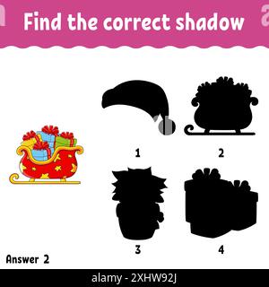 Trovare l'ombra corretta. Foglio di lavoro per lo sviluppo dell'istruzione. Tema di Natale. Gioco di abbinamento per bambini. Pagina attività. Puzzle per bambini. carattere cartoni animati Illustrazione Vettoriale