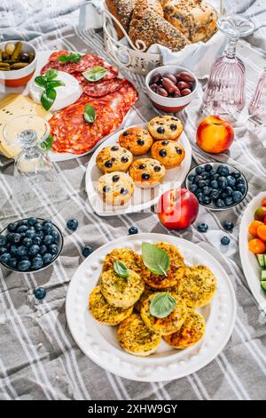 Picnic, antipasti e vassoio di formaggi e carne con muffin dolci e salati e frutta Foto Stock