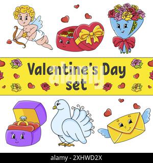 Set di simpatici personaggi cartoni animati. Festa di San Valentino. Disegnato a mano. Confezione colorata. Illustrazione vettoriale. Patch Badges collection. Elemento di progettazione etichetta Illustrazione Vettoriale