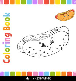 Libro da colorare per bambini. Carattere allegro. Illustrazione vettoriale. Barbecue a tema. Pagina fantasy per bambini. Sagoma nera. Isolata su bianco Illustrazione Vettoriale