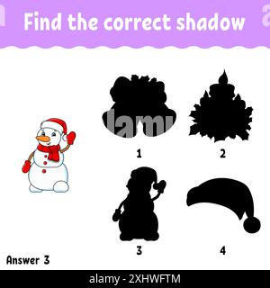 Trovare l'ombra corretta. Foglio di lavoro per lo sviluppo dell'istruzione. Tema di Natale. Gioco di abbinamento per bambini. Pagina attività. Puzzle per bambini. carattere cartoni animati Illustrazione Vettoriale