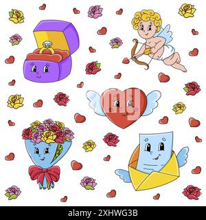 Set di simpatici personaggi cartoni animati. Festa di San Valentino. Disegnato a mano. Confezione colorata. Illustrazione vettoriale. Patch Badges collection. Elemento di progettazione etichetta Illustrazione Vettoriale