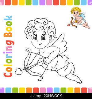 Libro da colorare per bambini. Carattere allegro. Illustrazione vettoriale. Carino stile cartoni animati. Pagina fantasy per bambini. Sagoma nera. Di San Valentino Illustrazione Vettoriale