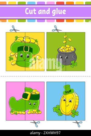 Taglia e gioca. Gioco di carta con colla. Schede flash. Foglio di lavoro didattico. Pagina attività. Personaggio divertente. stile cartoni animati. Illustrazione vettoriale. Illustrazione Vettoriale