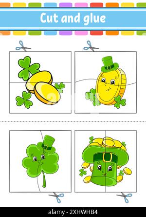 Taglia e gioca. Gioco di carta con colla. Schede flash. Foglio di lavoro didattico. Pagina attività. Personaggio divertente. stile cartoni animati. Illustrazione vettoriale. Illustrazione Vettoriale