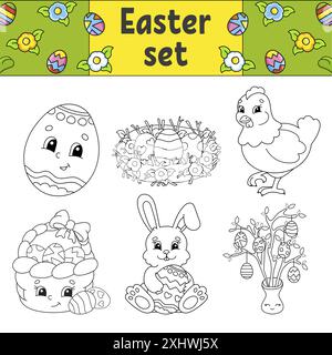 Libro da colorare per bambini. Clipart di Pasqua. Personaggi allegri. Illustrazione vettoriale. Carino stile cartoon. Profilo a contorno nero. Isolato sulla parte posteriore bianca Illustrazione Vettoriale