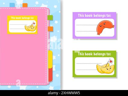 Etichette per libri per bambini. La forma rettangolare. Illustrazione vettoriale di colore isolato. personaggio dei cartoni animati. Per il diario, il quaderno, il libro. Illustrazione Vettoriale