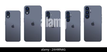 Design iPhone 16. 16, pro, Plus, se, Apple mockup. Lato posteriore del telefono. Colore nero intenso di Apple Inc iphone con schermo mock-up e iphone sul retro. Illustrazione Vettoriale