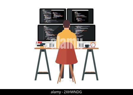 Programmatore che sta scrivendo codice su computer isolato su sfondo bianco. ambiente di lavoro in stile moderno. Illustrazione vettoriale Illustrazione Vettoriale