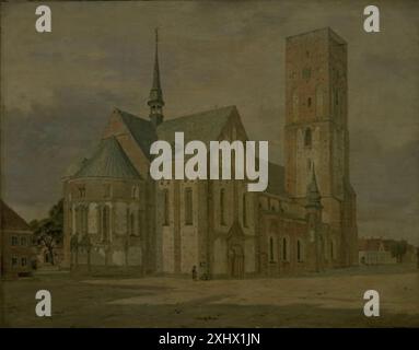 Un dipinto di Jørgen Roed (1808-1888) raffigurante la cattedrale di Ribe, una storica chiesa gotica in Danimarca, che mostra caratteristiche architettoniche e culturali. Foto Stock