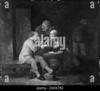 Dipinto di August Querfurt che raffigura giocatori di carte seduti intorno a un tavolo, mostrando figure, gesti, espressioni facciali e ambientazione di gioco. Foto Stock