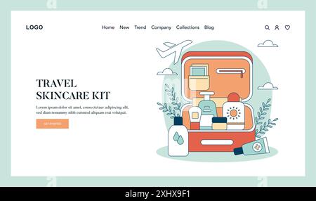 Concetto di cassetta degli attrezzi per la cura della pelle. Prodotti essenziali per la cura della pelle da viaggio in una disposizione organizzata del kit. Cura personale in movimento. Illustrazione vettoriale. Illustrazione Vettoriale