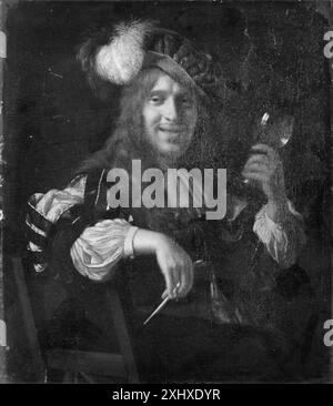Dipinto di Frans van Mieris il Vecchio (1635-1681) raffigurante un allegro gentiluomo, seduto in interni, con indosso un abbigliamento olandese del XVII secolo, che mette in risalto l'espressione facciale e gli interni dettagliati. Foto Stock