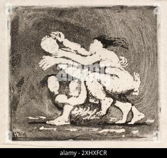 Acquatinta di Oluf Hartmann raffigurante due donne in conflitto su un uomo, mostrando tensione, gesti e dinamiche interpersonali. Foto Stock