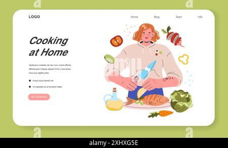 Concetto di cucina sana a casa. Una persona che prepara un pasto con ingredienti freschi come pesce e verdure. Cucina casalinga e nutrizione. Illustrazione vettoriale. Illustrazione Vettoriale