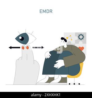 Concetto di terapia EMDR. Una persona sottoposta a desensibilizzazione e ritrattamento dei movimenti oculari per la salute mentale. Meccanismi di coping e guarigione psicologica. Illustrazione vettoriale. Illustrazione Vettoriale