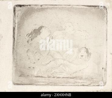 Acquatinta di Oluf Hartmann raffigurante un conflitto tra due donne su un uomo, mostrando gesti e interazione con le figure. Foto Stock