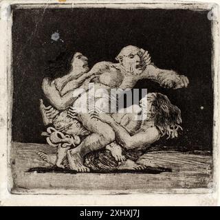 Acquatinta di Oluf Hartmann che mostra due donne che combattono per un uomo, raffigurando figure, gesti e interazioni nella scena. Foto Stock