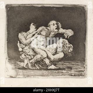 Acquatinta di Oluf Hartmann che mostra due donne che combattono per un uomo, raffigurando figure, gesti e composizione narrativa. Foto Stock