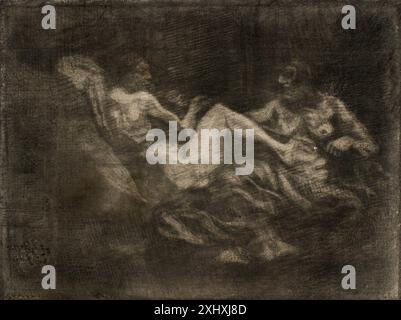 Acquatinta di Oluf Hartmann che mostra due streghe che combattono su un pozzo di scopa, raffigurando gesti, postura e composizione della scena. Foto Stock