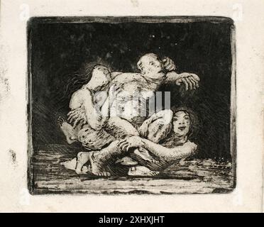 Acquatinta di Oluf Hartmann che mostra due donne che combattono per un uomo, raffigurando figure, gesti e composizione narrativa. Foto Stock