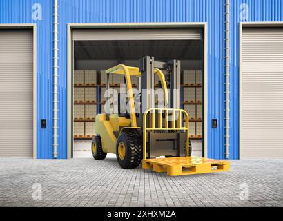 carrello elevatore a forche con rendering 3d con pallet vuoto in magazzino Foto Stock