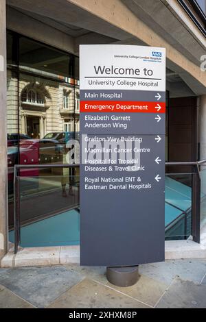University College Hospital di Londra - UNITÀ CENTRALE ABITACOLO di Londra. Firmare all'entrata di University College Hospital Euston Road Londra Centrale Foto Stock
