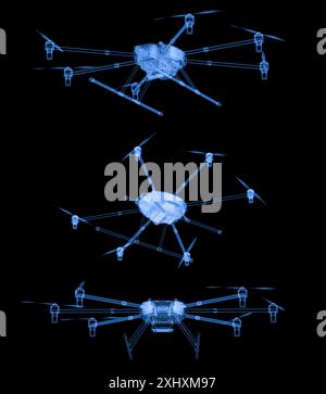 drone a raggi x con rendering 3d con sei eliche isolate su sfondo nero Foto Stock