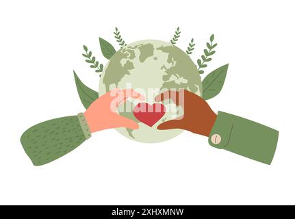 Emblema di beneficenza globale. Pianeta Terra con cuore e mani diverse isolate su sfondo bianco. Illustrazione piatta vettoriale. Illustrazione Vettoriale